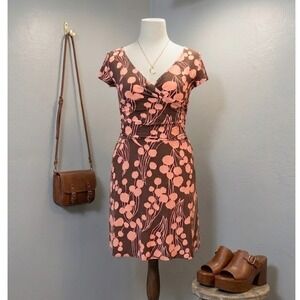 Drop Waist Spring Dress Stretchy Plus size 14 Brown and Pink Flowy Cap Sleeve